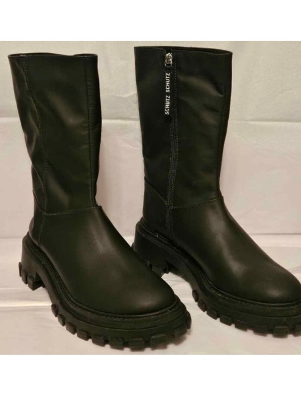 Schutz Genuine Leather Lug Sole Boots Black Platform Combat Mid Calf Size 9.5